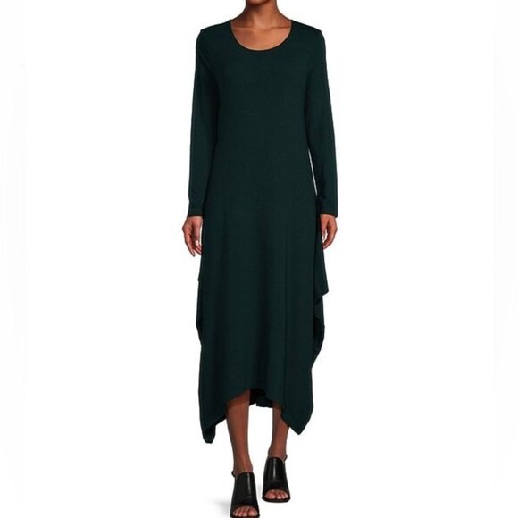 BRYN WALKER Chelsea Long DRESS XS Asymmetrical Draped Side Green Lagenlook NEW - Picture 2 of 6